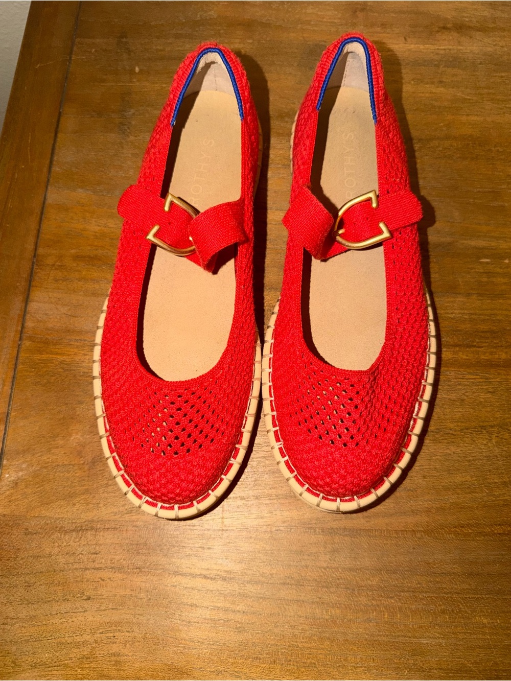 Rothy's Red Knit Mary Jane Espadrilles with Gold Buckle